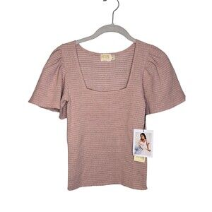 Nation LTD Shirt Womens XS Pink Flutter Sleeve Square Neck Tee Top Textured Knit